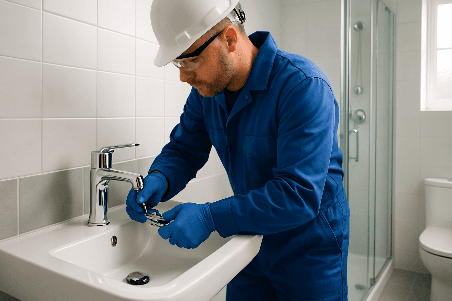Plumber installing modern fixtures in bathroom remodel