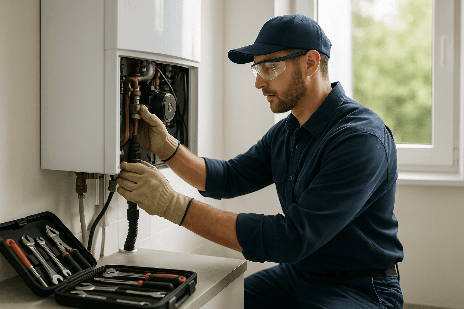 Technician servicing residential boiler unit