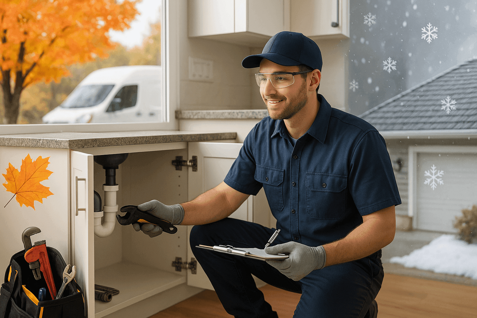 Plumber performing a seasonal plumbing inspection with tools and checklist