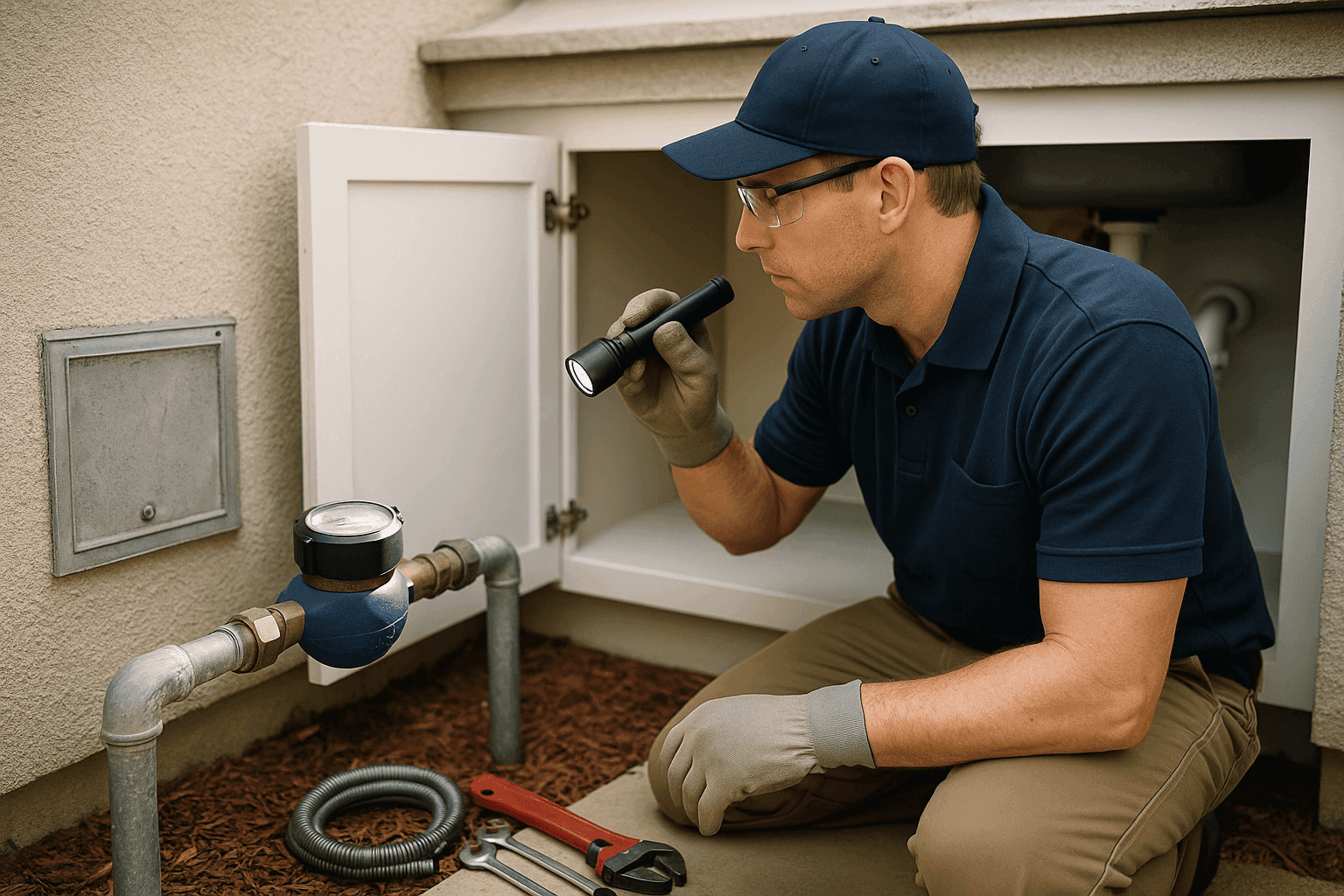 Homeowner checking water meter and inspecting plumbing under kitchen sink for leaks