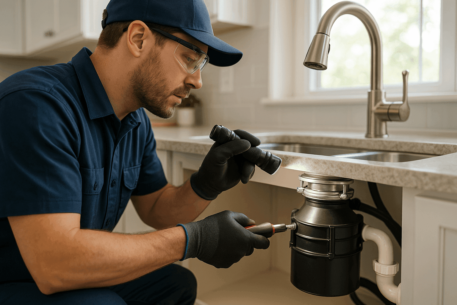 Plumber checking garbage disposal unit under sink