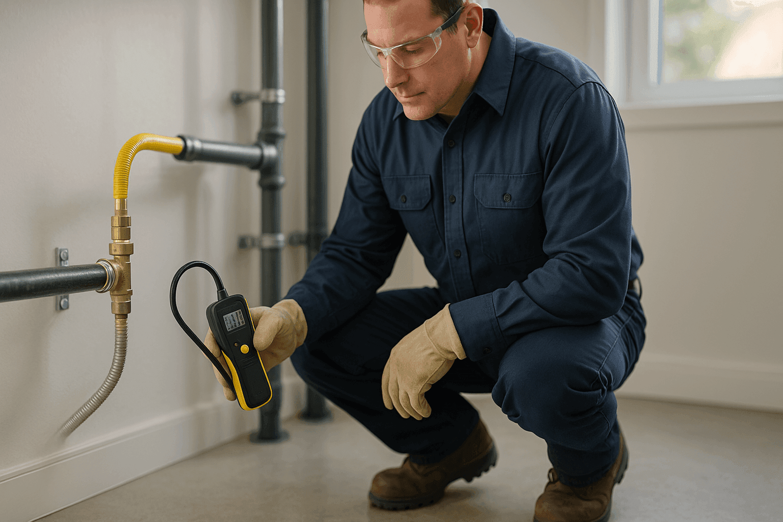 Plumber testing new gas line connection with detector