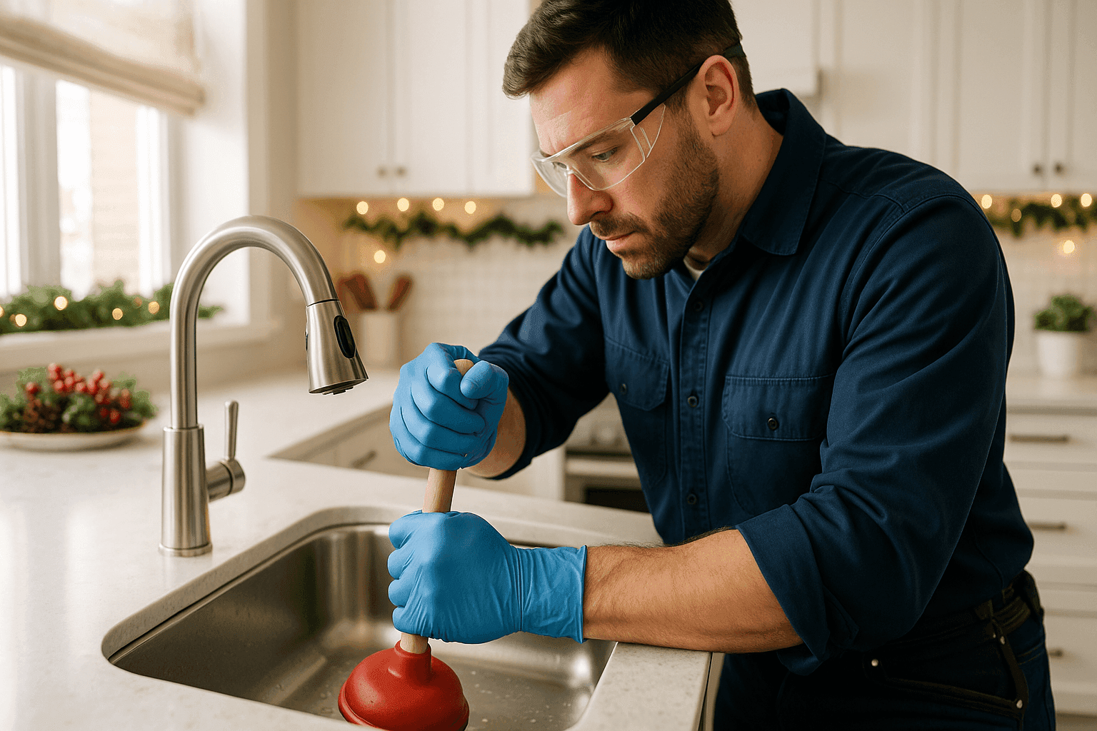 Plumber fixing clogged kitchen sink during holiday meal prep