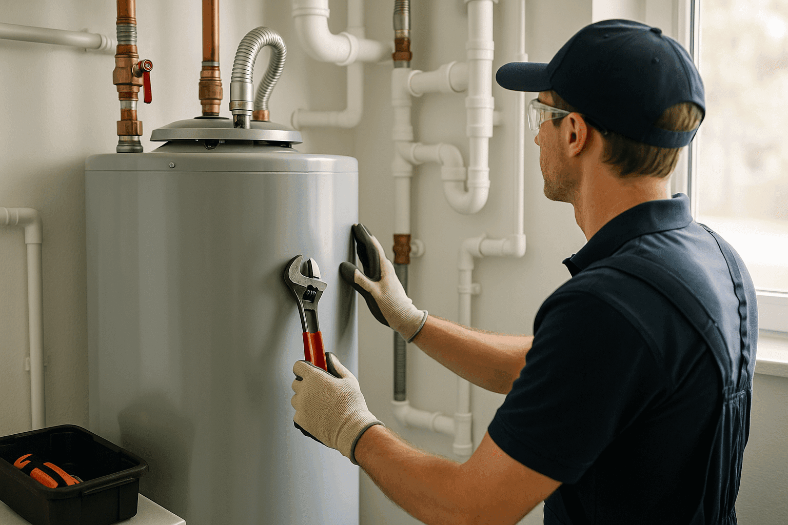 Homeowner inspecting water heater and plumbing pipes in utility room