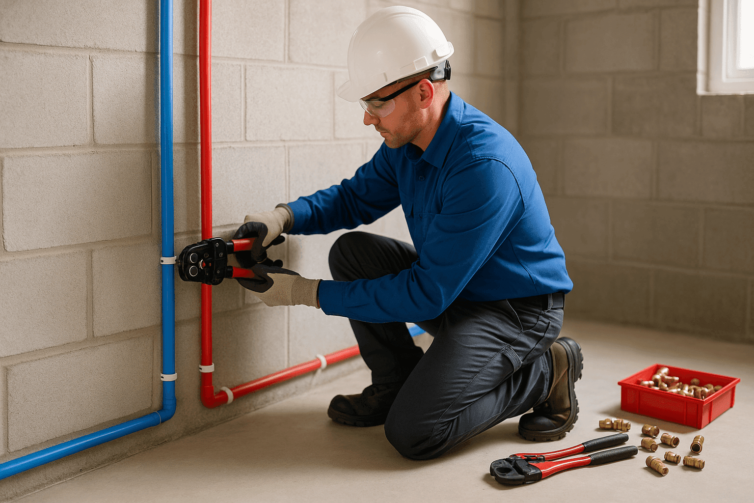 Plomero instalando nuevas tuberías PEX en el sótano de una casa