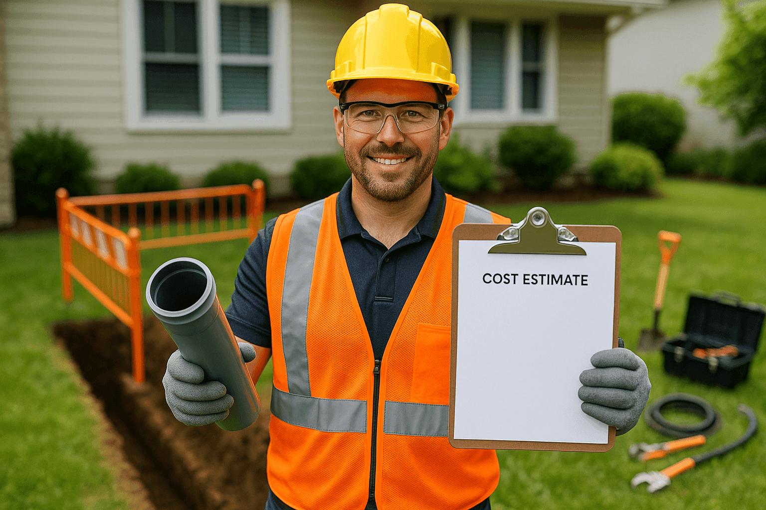 Worker showing sewer pipe section and cost estimate clipboard to homeowner outdoors