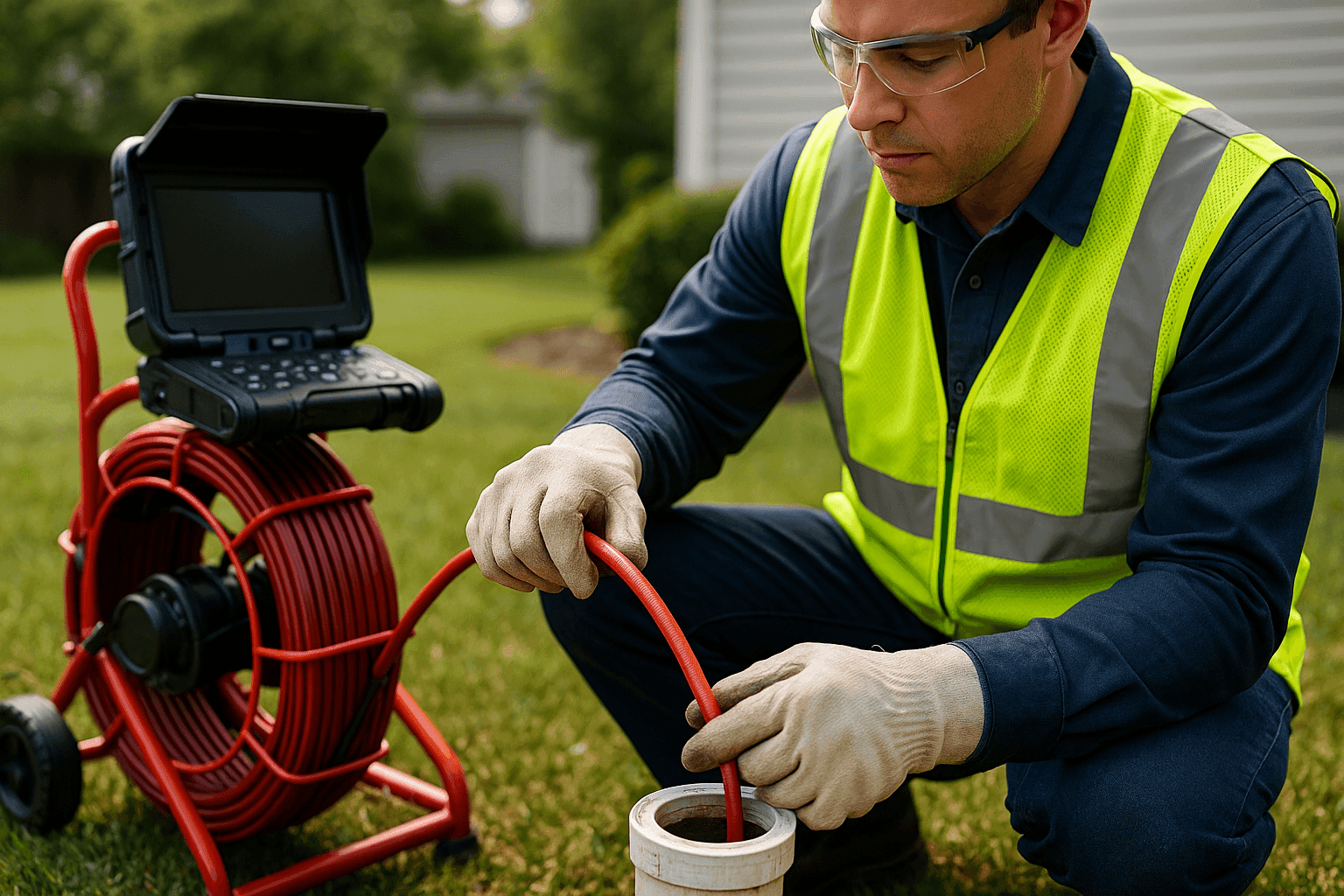 Technician running sewer camera into outdoor cleanout