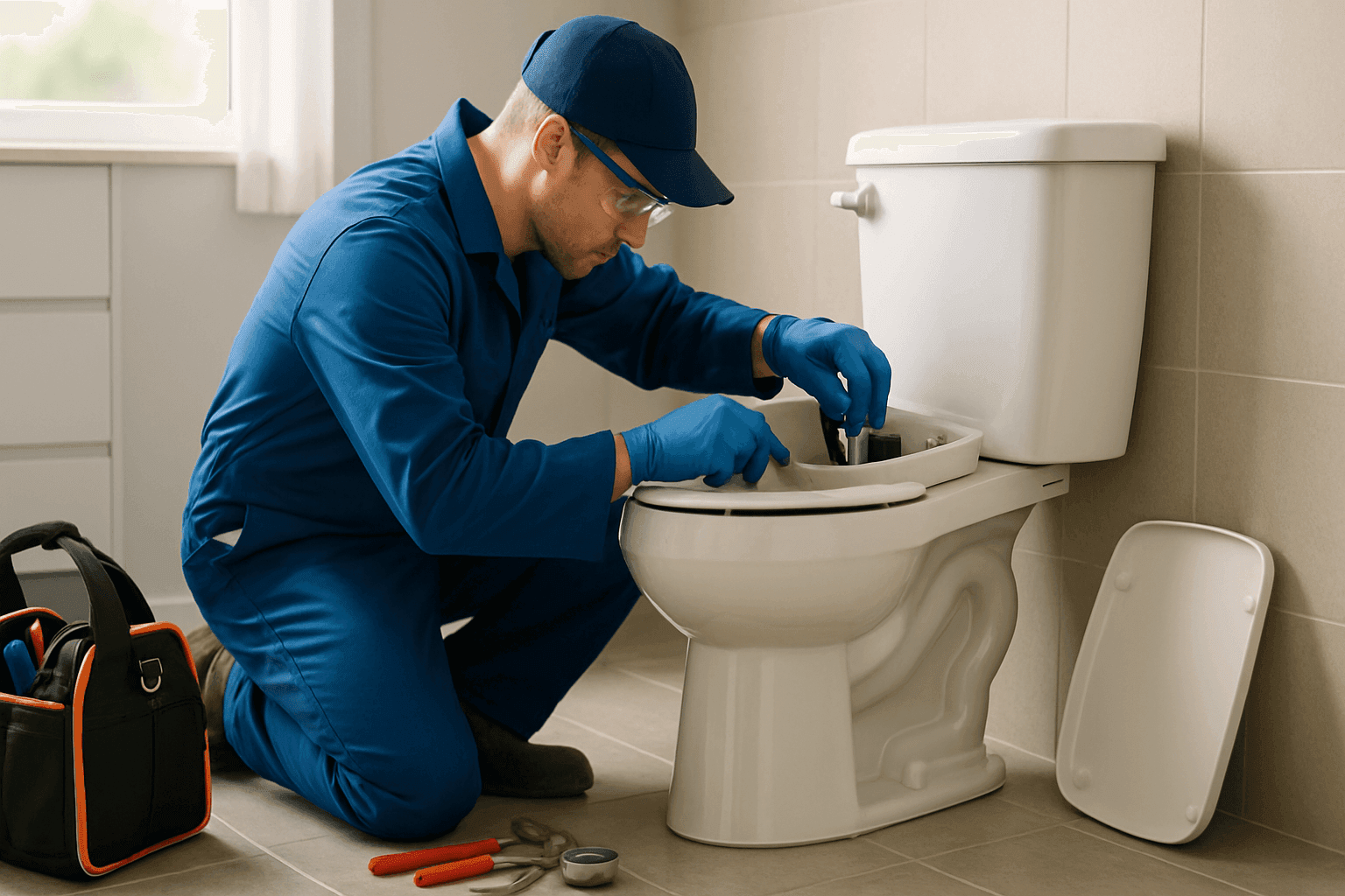 Plumber repairing toilet tank in residential bathroom