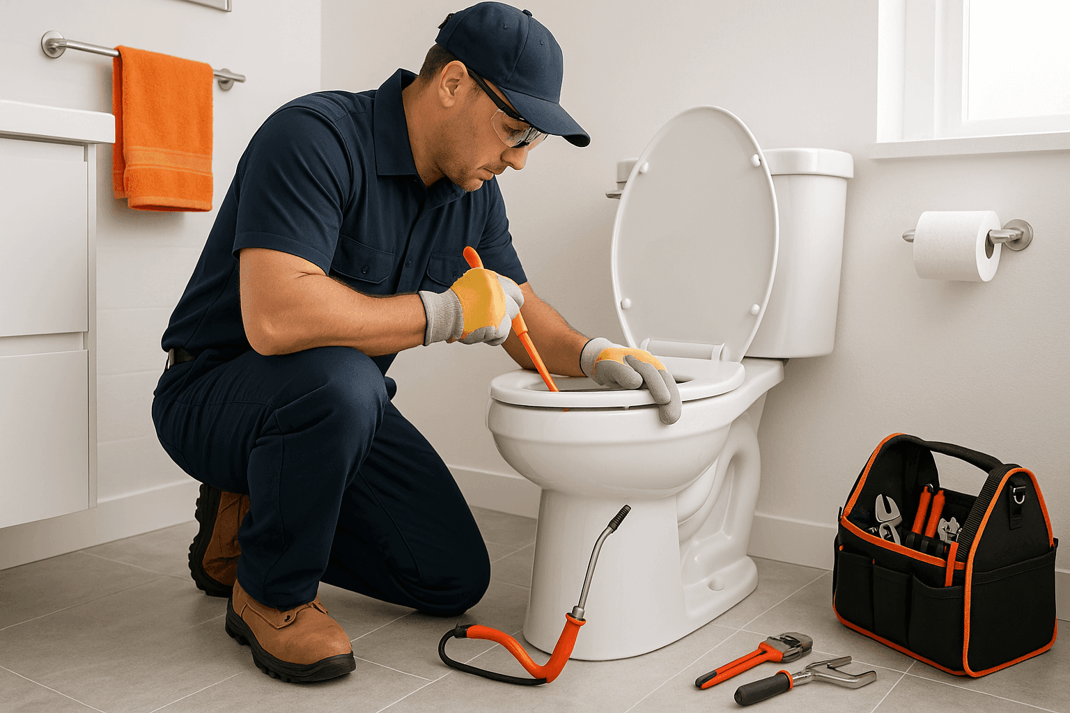 Plumber using toilet auger to clear blockage