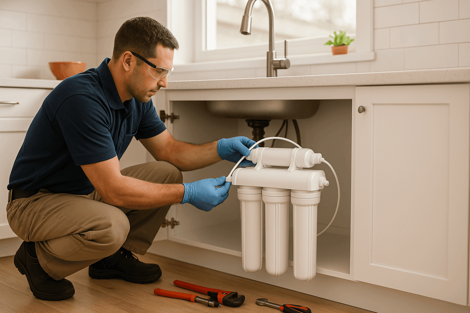 Plumber installing water filtration unit under kitchen sink